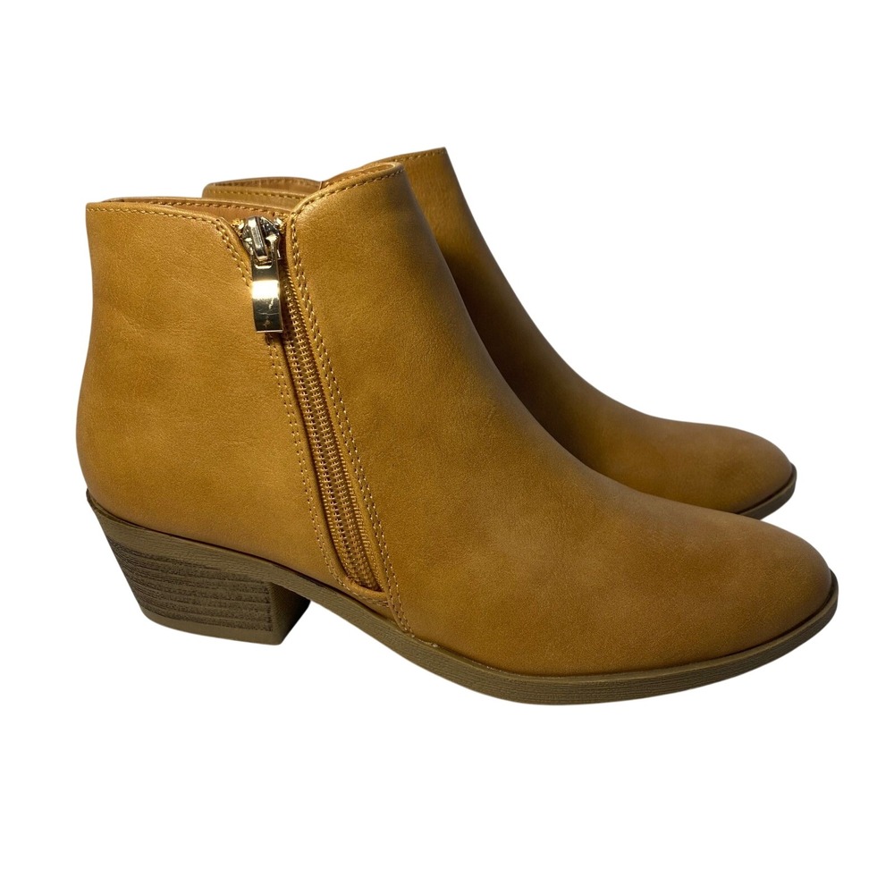 Bonnibel Tan Faux Leather Side Zip Ankle Boots Block Heel Casual Retro Chic 5.5